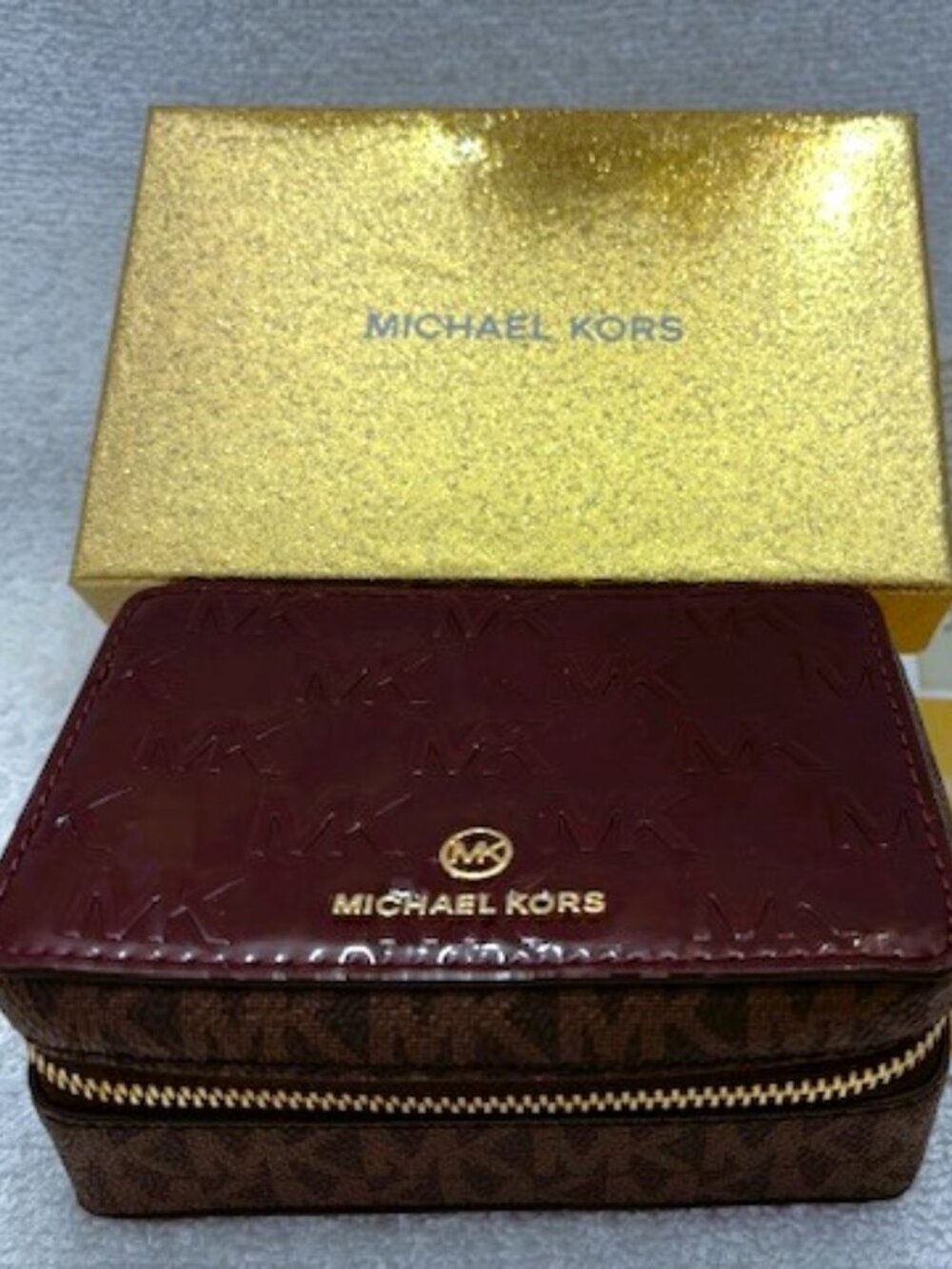 Michael Kors Merlot logo embossed patent leather travel jewelry box NIB